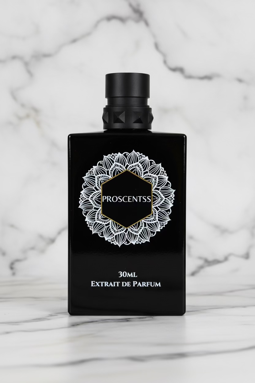 A 30ml bottle of ProscentsS Extrait de Parfum, featuring a matte black rectangular bottle with a silver metallic cap and a white mandala-style graphic on the front.