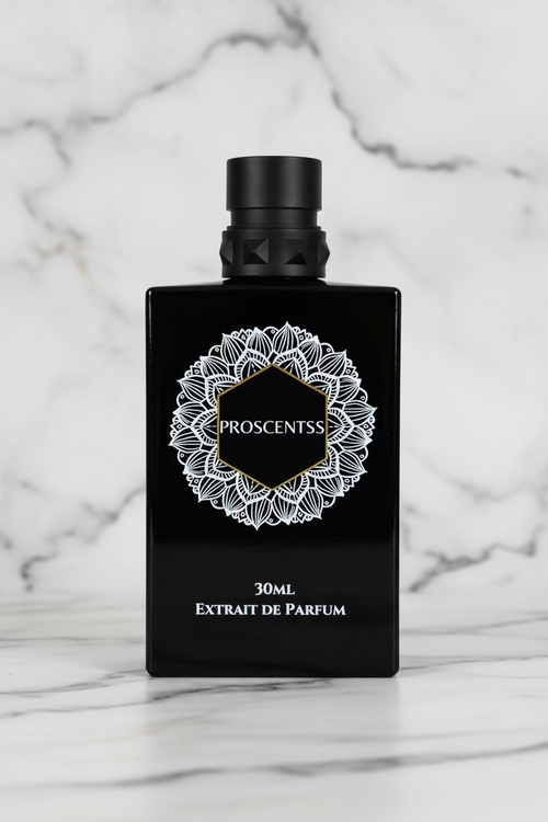 A 30ml bottle of ProscentsS Extrait de Parfum, featuring a matte black rectangular bottle with a silver metallic cap and a white mandala-style graphic on the front.