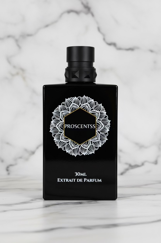 A 30ml bottle of ProscentsS Extrait de Parfum, featuring a matte black rectangular bottle with a silver metallic cap and a white mandala-style graphic on the front.