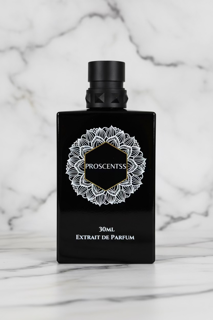 A 30ml bottle of ProscentsS Extrait de Parfum, featuring a matte black rectangular bottle with a silver metallic cap and a white mandala-style graphic on the front.